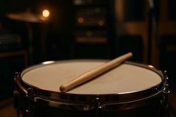 Obraz premium Drumstick rests on a snare drum, ready for rhythmic music. Warm studio lighting creates a welcoming musical atmosphere.