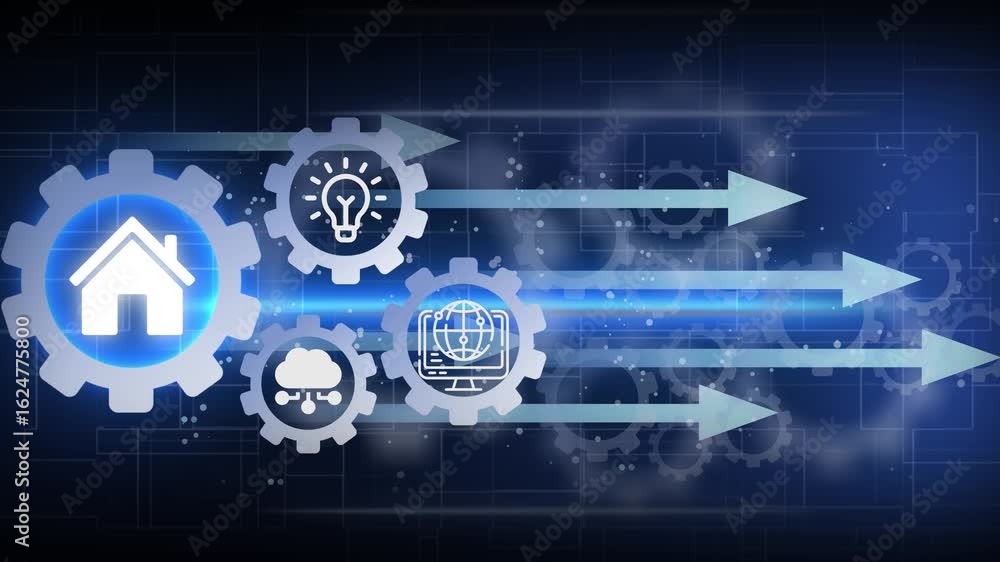Aufkleber digital house icon on a circuit board background with a blue glowing light effect. house with futuri