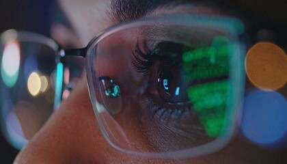 Female programmer's focused gaze with glowing green code reflecting in her eyeglasses, symbolizing digital innovation.