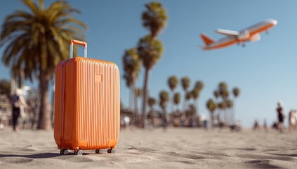 Orange suitcase on a sandy beach with palm trees and an airplane overhead
