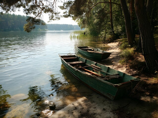 Fototapeta premium Weathered rowboats resting on sandy lakeshore, soft morning light illuminating verdant landscape with serene, peaceful atmosphere