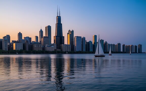 Chicago Skyline at Dusk with Sailboats on Lake Michigan and Reflections of Buildings in the Water