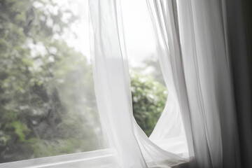 Soft wind blowing sheer white curtain in open window, blurred greenery outside, sense of refreshing air flow