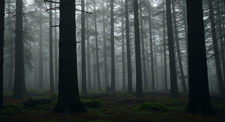 Obraz premium Dark Silhouettes in a Deep, Foggy Forest with a Mossy Floor