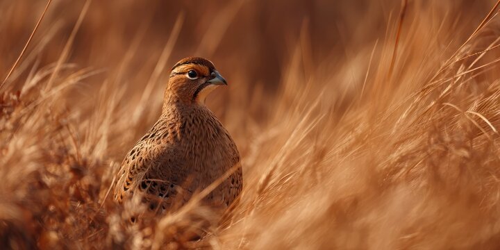 A sleepy partridge rustling in a wheat field in the early morning
