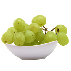 A small white bowl filled with a bunch of fresh green grapes on black background on transparent...
