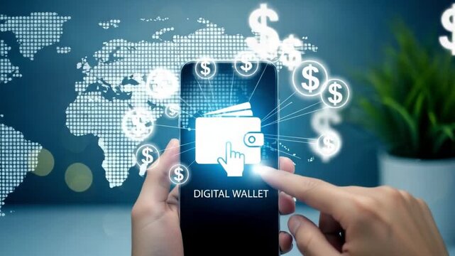 Person using digital wallet on smartphone with world map and dollar signs in the background