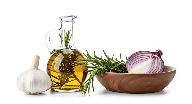 Olive oil infused with rosemary next to garlic and red onion - Powered by Adobe
