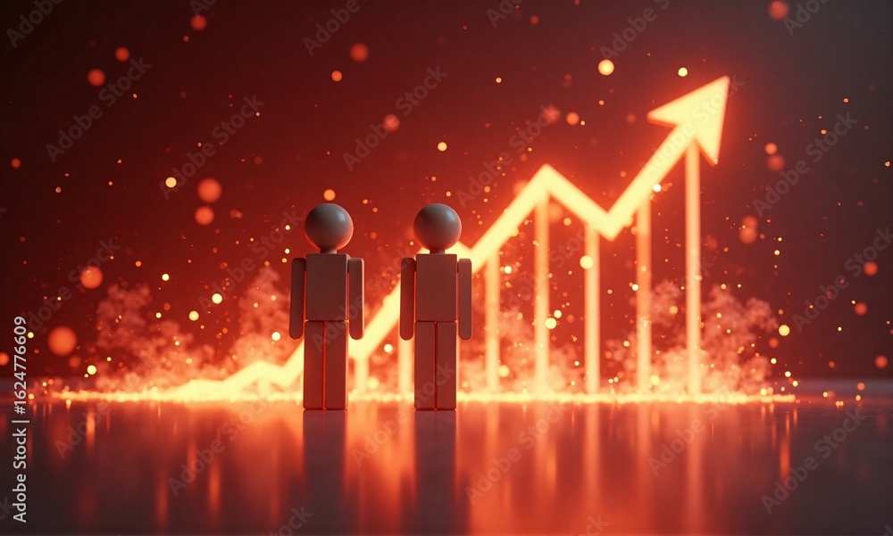 Poster two figures stand before a vibrant, glowing red chart with an upward arrow, symbolizing fiery progre
