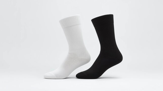 Blank black and white long socks design mockup, isolated. Pair sport cotton sox wear mock up. Tall clear soft sock stand presentation. Male female high sportwear template
