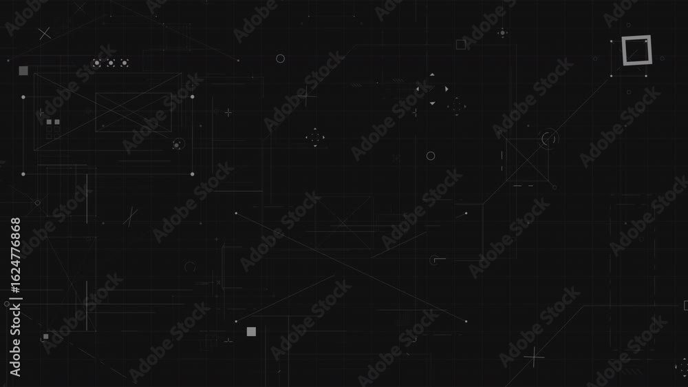 Poster futuristic dark interface with grid, circuit lines, and geometric tech elements on black background,