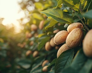 Close-up of light brown fruit clusters on a tree, bathed in sunlight. Lush green leaves fill the background