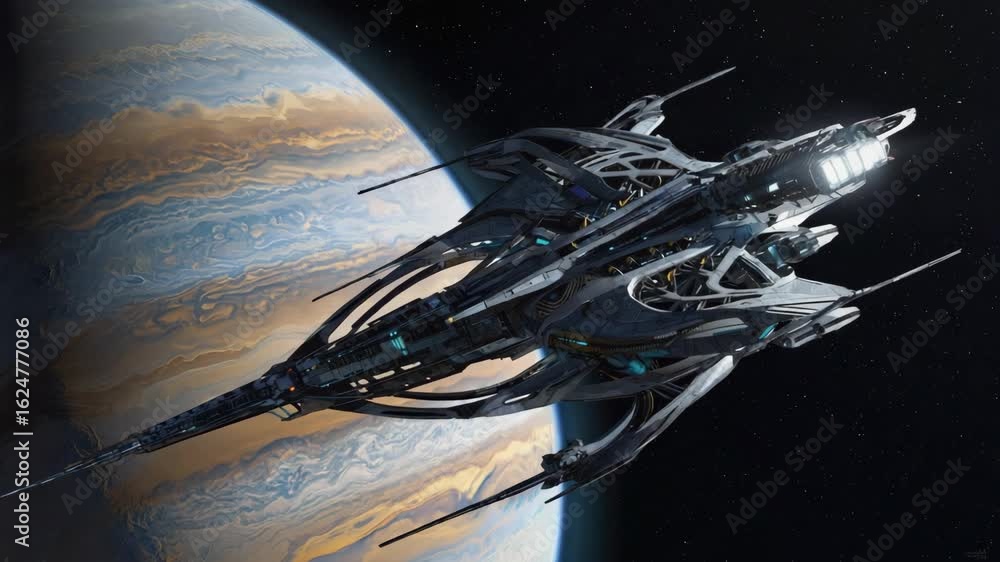Poster complex spaceship with intricate design exploring a vibrant gas giant planet with swirling clouds an