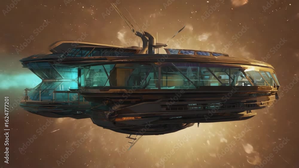 Poster futuristic spaceship is navigating through the vast expanse of a distant galaxy, emitting a gentle, 