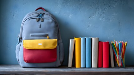 School backpack resting against blue wall with books and colored pencils ready for the school year ahead.