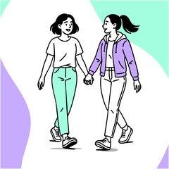 Minimalist vector illustration of a gay couple in soft pastel colors. Full body, clean design. Symbolizes love, unity, tenderness, and LGBTQ+ pride with a calm and modern aesthetic.
