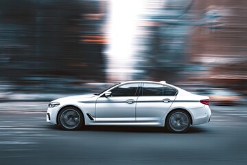 White car speeding through city streets