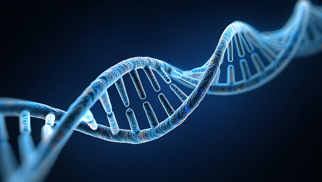 Close up of a glowing blue double helix dna strand against a dark background representing genetics and scientific research