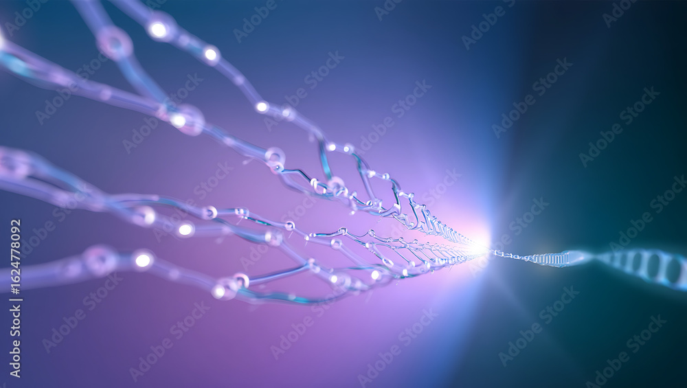 Poster abstract representation of a glowing dna helix emerging from a cluster of luminous interconnected st