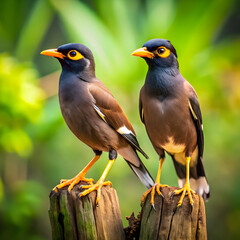 Fototapeta premium Two common myna birds on weathered wood perched orange beak