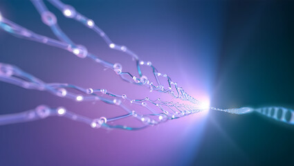 Abstract representation of a glowing dna helix emerging from a cluster of luminous interconnected strands against a dark ethereal background with purple and blue hues