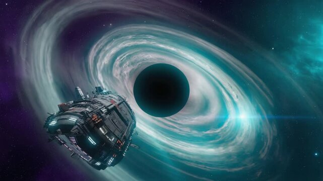 Large spaceship gliding toward a black hole in the depths of space, surrounded by a radiant turquoise accretion disk and a mesmerizing purple nebula lighting the background - Powered by Adobe