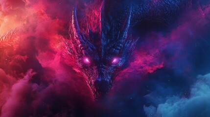 A terrifying red-scaled dragon with luminous eyes surrounded by neon-colored smoke, cinematic fantasy style.