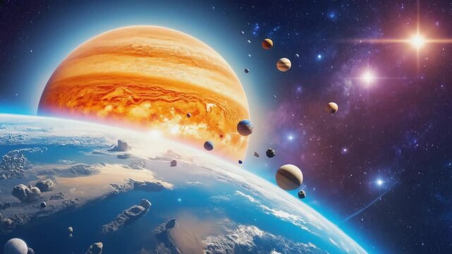 Earth-like exoplanet with swirling clouds and vast oceans orbits a massive gas giant with a prominent ring system and numerous moons, creating a breathtaking cosmic scene