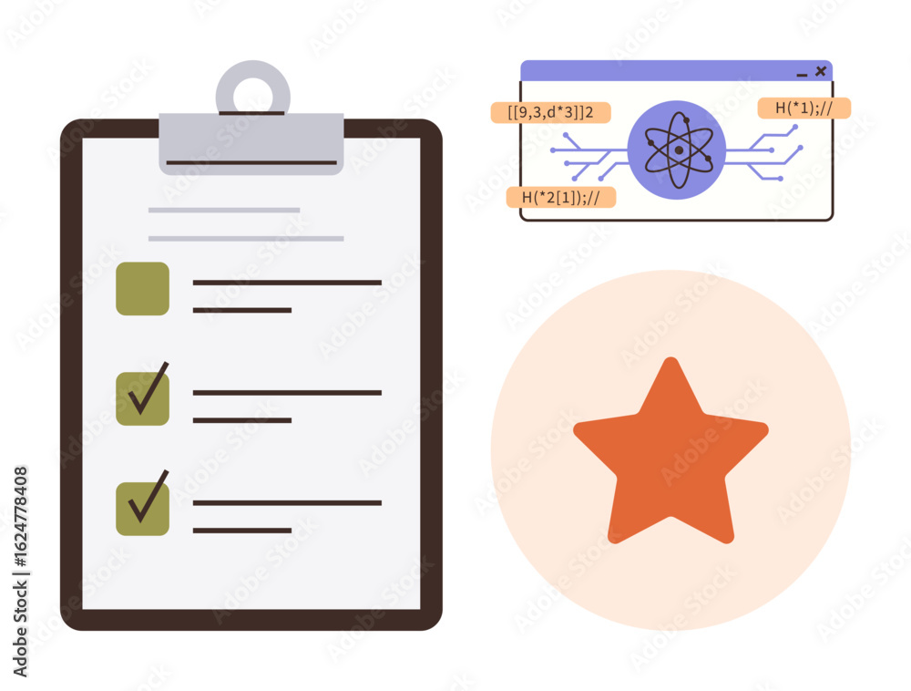 Poster task list on clipboard with checkmarks, scientific formula in a browser tab, orange star for achieve