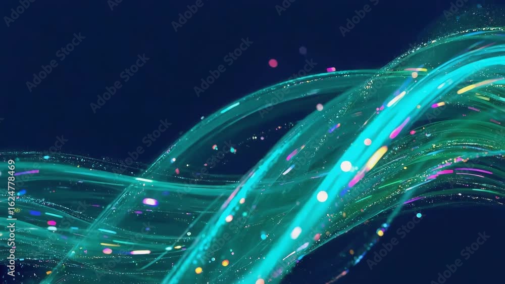 Poster turquoise lines with colorful particles are flowing on a dark blue background, creating an abstract 