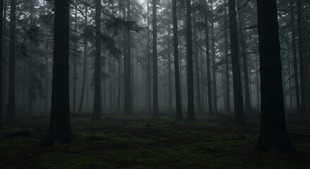 Obraz premium Eerie Silence of a Dense Pine Forest Shrouded in Thick, Moody Fog