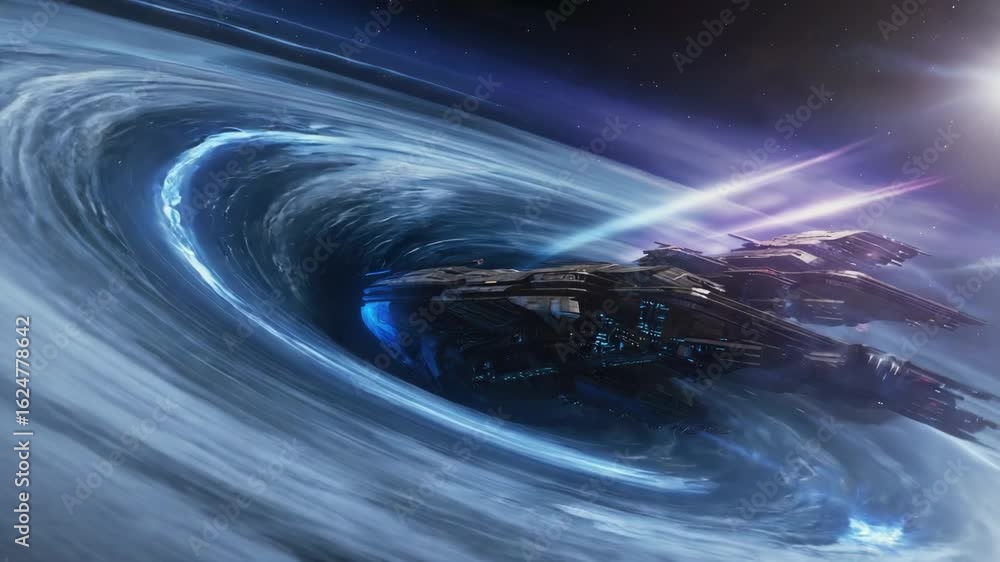 Aufkleber futuristic spaceships are traversing a wormhole, a hypothetical tunnel through spacetime, enabling i
