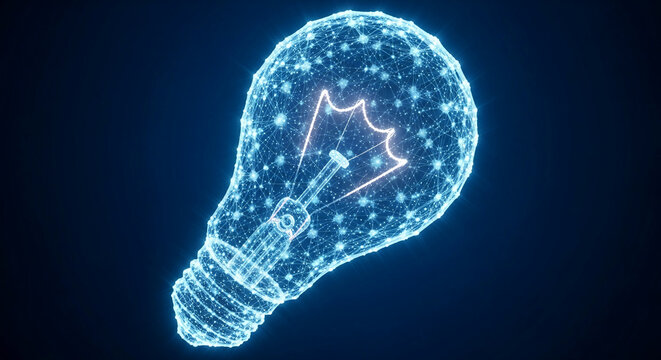 Glowing blue lightbulb, polygonal wireframe design, dark blue background, symbolizes innovation, idea, technology, creativity, solution