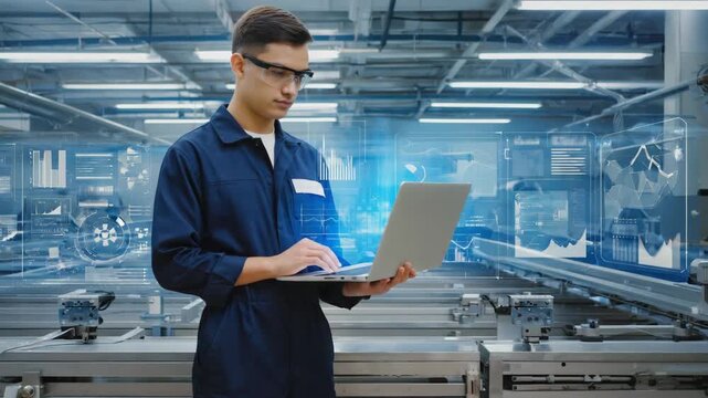Industrial engineer wearing safety glasses is using a laptop with augmented reality software to monitor and control machinery and production processes in a modern high-tech factory