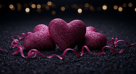 Elegant Cluster of Glittering Magenta Hearts with Ribbon and Bokeh