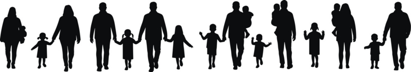 Family silhouettes set, father and mother with son, daughter, walking holding hands. isolated vector black on white background.
