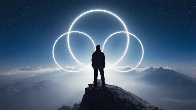 Hiker stands on a mountain peak at night, observing three large glowing rings floating in the sky above a vast mountain range, creating a surreal and otherworldly scene