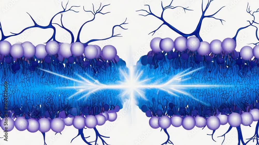 Poster synaptic cleft showing electrical impulse passing between two neurons, with receptors and neurotrans