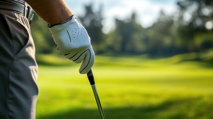 Close-up of a golfer in branded apparel, golf glove on, holding a polished golf club, with a blurred golf course behind.