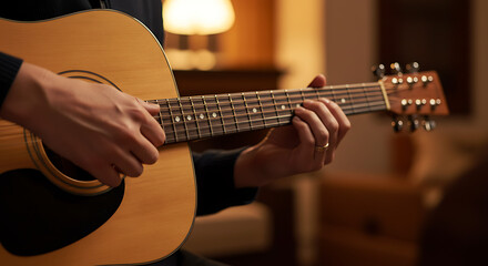 Fototapeta premium Closeup of Person Playing Acoustic Guitar.