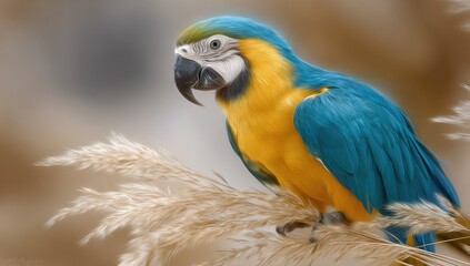 Close-up of a vibrant macaw perched amidst dried grasses.