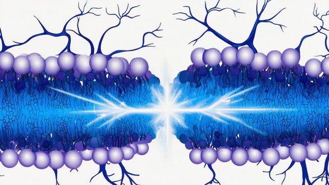 Synaptic cleft showing electrical impulse passing between two neurons, with receptors and neurotransmitters creating a connection in the nervous system for communication and signal transmission