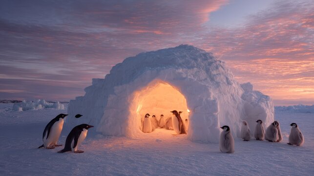 A warm glowing igloo providing shelter to a penguin family at dusk