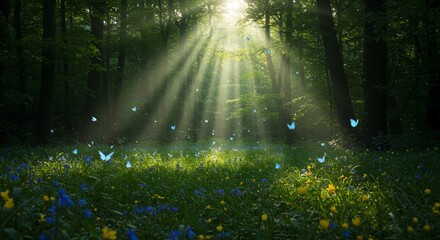Ethereal sunbeams illuminate a magical forest glade where blue butterflies dance over wildflowers.