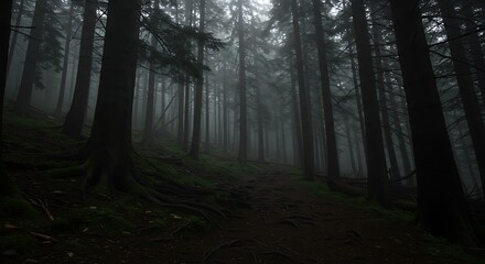 Fototapeta premium Ethereal Mist Blankets a Dark, Ancient Conifer Forest with Tangled Roots and Deep Shadows