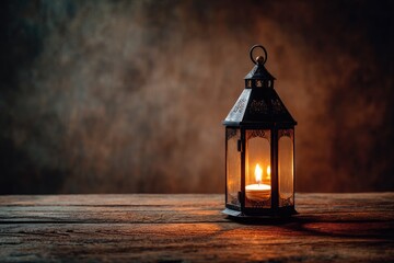 Antique lantern on wooden table, warm glow