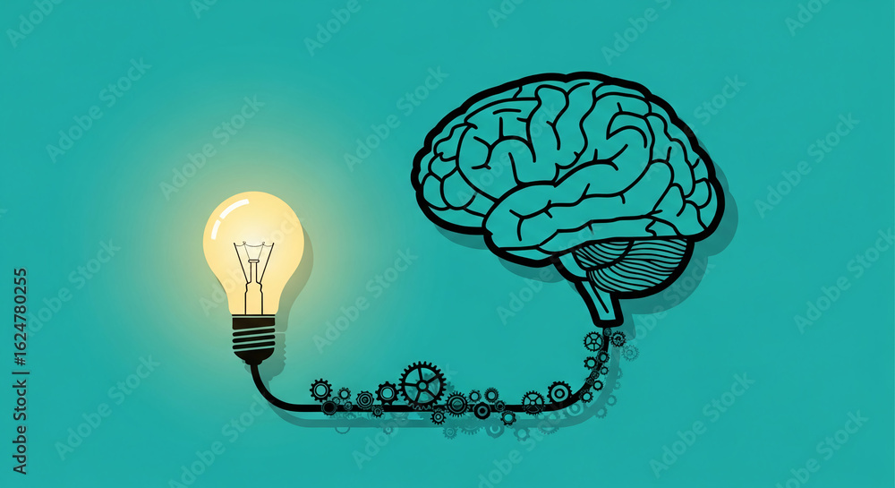 Poster illuminated bulb connected to brain via gears, symbolizing idea generation, innovation, and creative