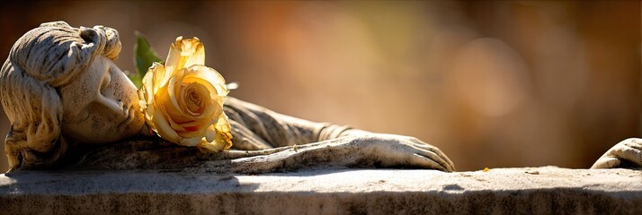 Ornate stone sculpture with a pale yellow rose.