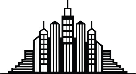 Stylized Black Silhouette of a City Skyline with Tall Buildings and Steps urban architecture