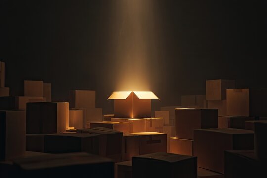 A single open cardboard box bathed in light, surrounded by many closed boxes in a dark room - Powered by Adobe